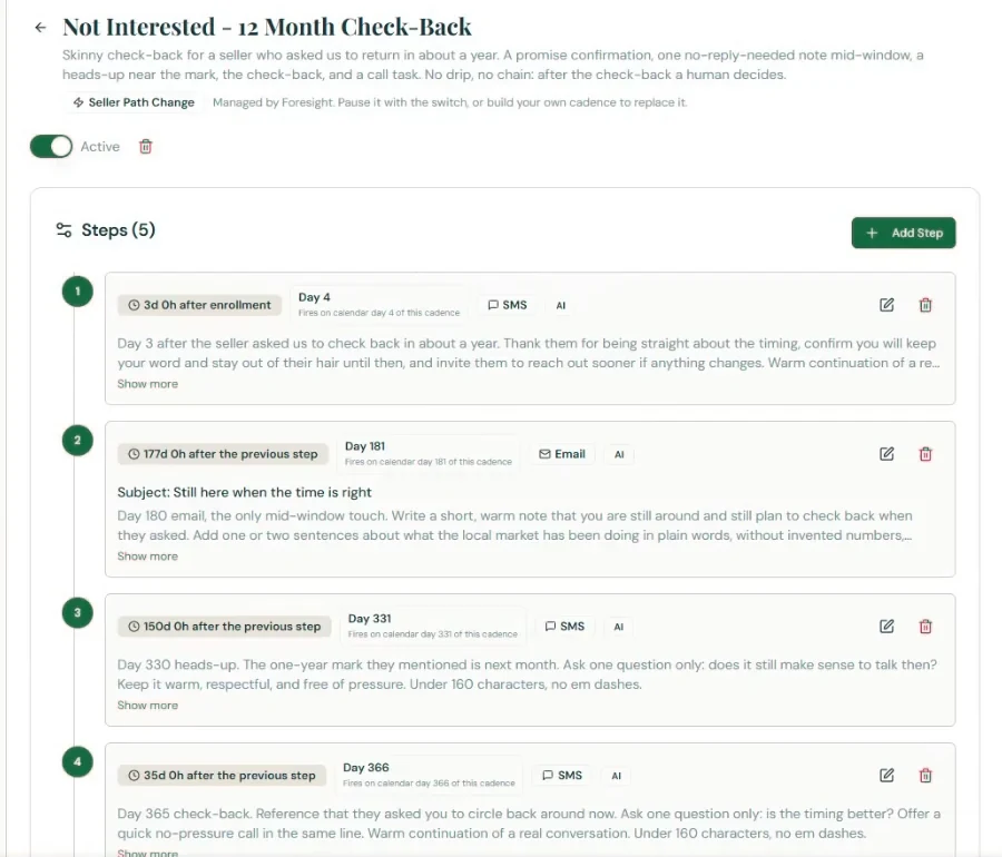 A cadence in Foresight called Not Interested, 12 Month Check-Back, with five AI-written text and email steps spread across a year