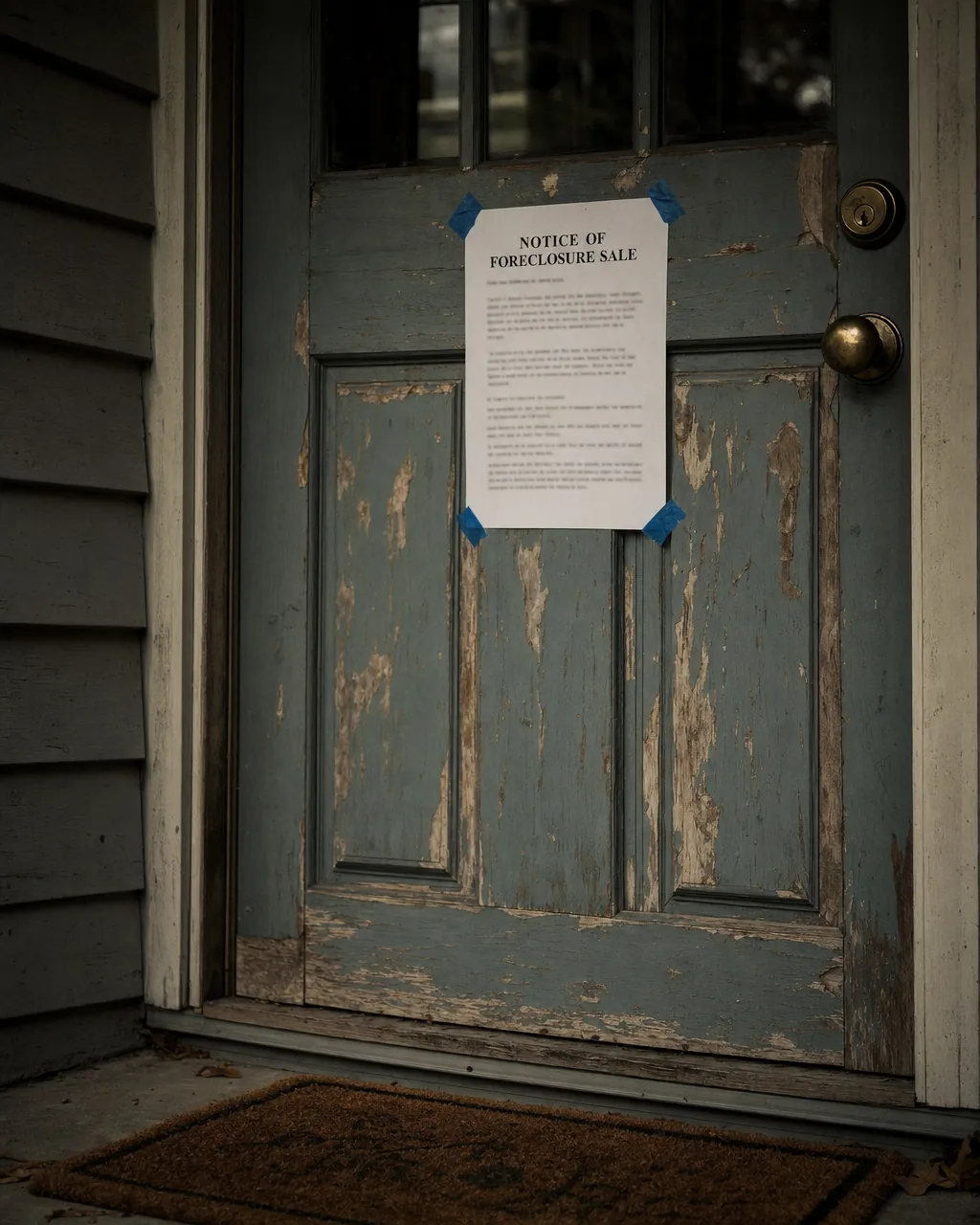 A notice of foreclosure sale taped to the peeling front door of a house