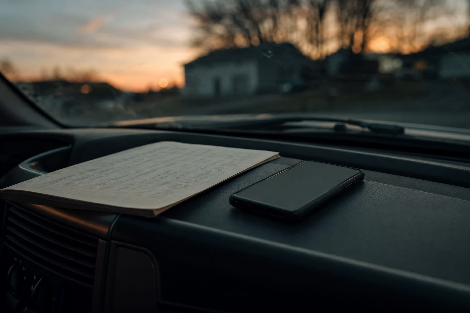 Illustrative scene, not a product screenshot: a phone face down on a truck dashboard at dusk beside a printed seller list