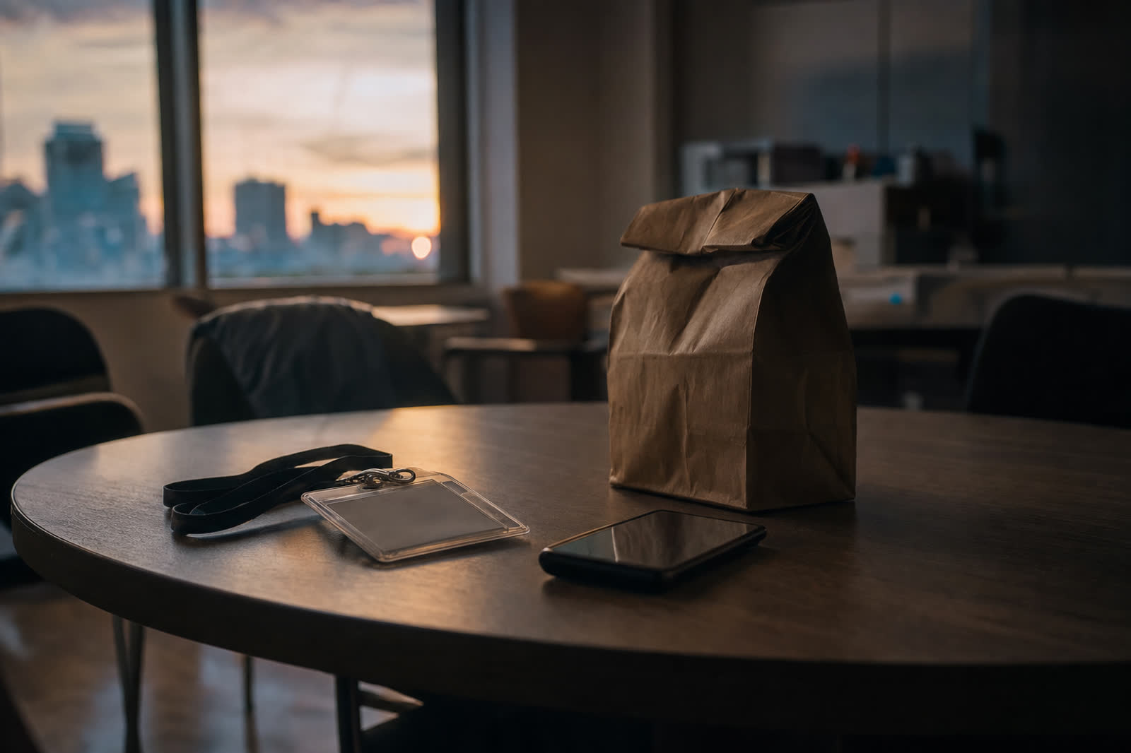Illustrative scene, not a product screenshot: a work badge, a lunch bag, and a phone on an office breakroom table