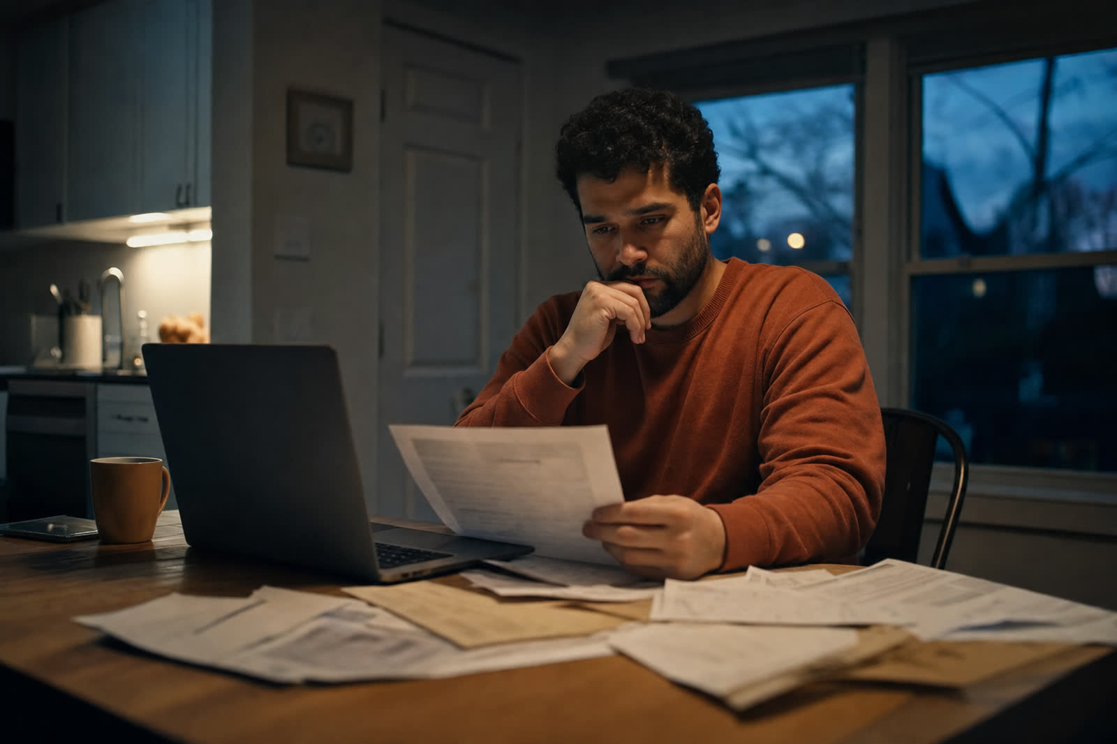 Illustrative scene, not a product screenshot: a wholesaler at a kitchen table at night with a laptop and county notices