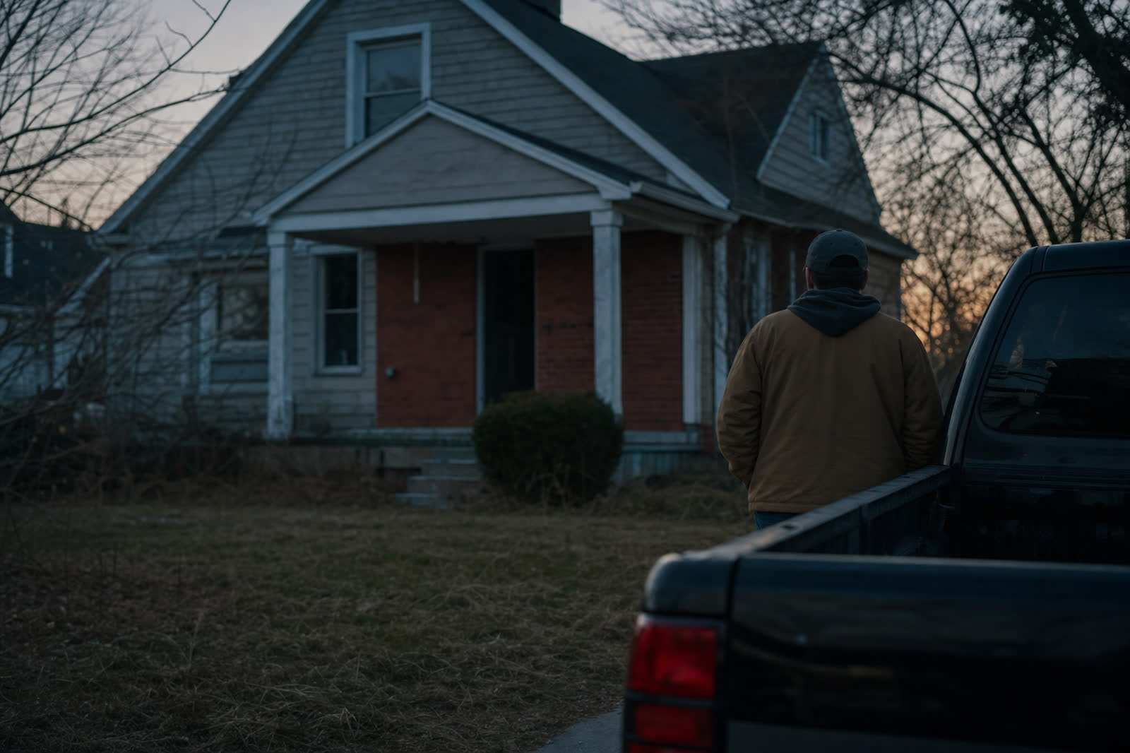 Illustrative scene, not a product screenshot: a pickup truck parked outside a vacant house with an overgrown yard at dusk