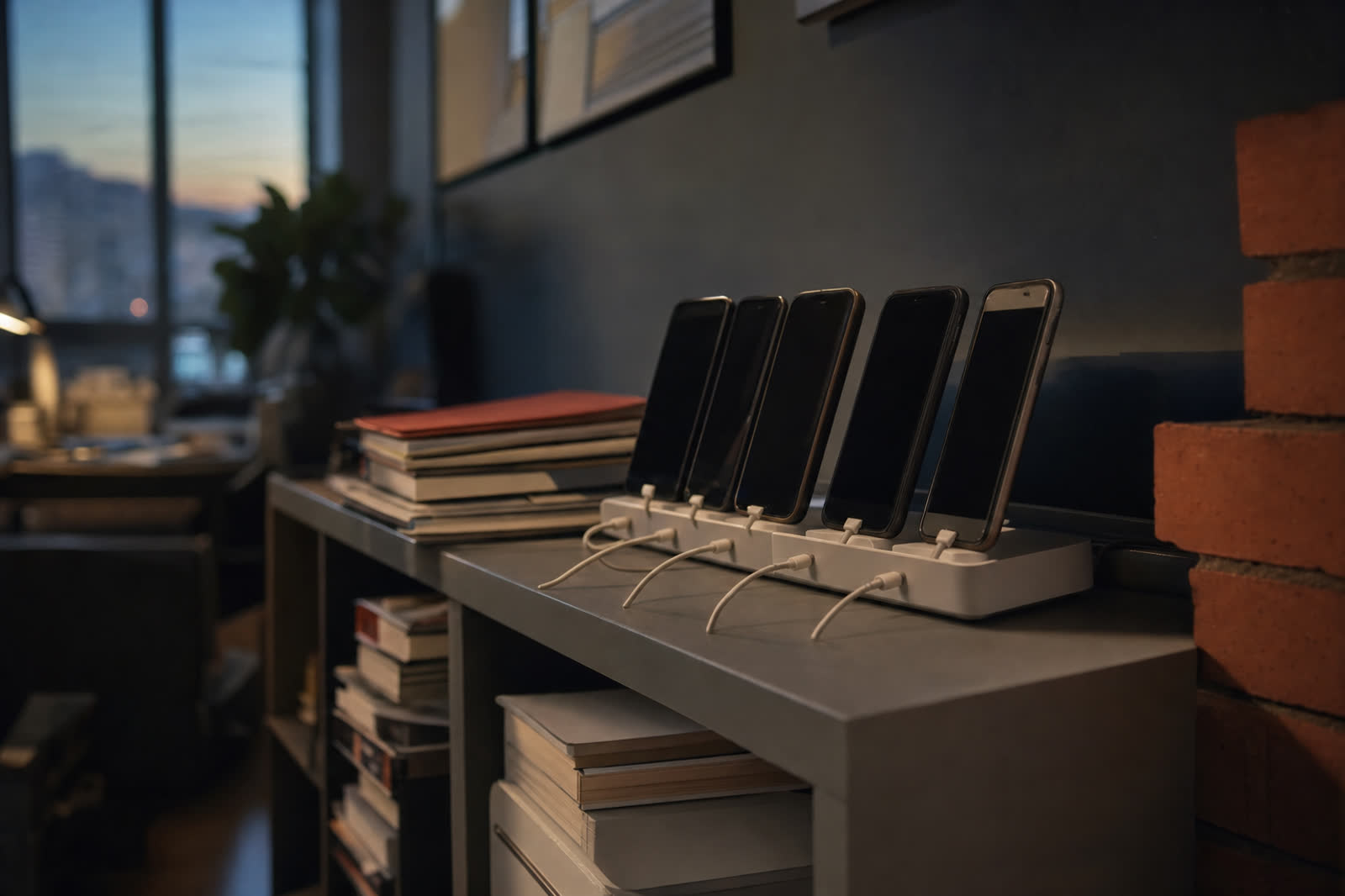 Illustrative scene, not a product screenshot: five phones plugged into a charging strip on an office shelf, screens dark