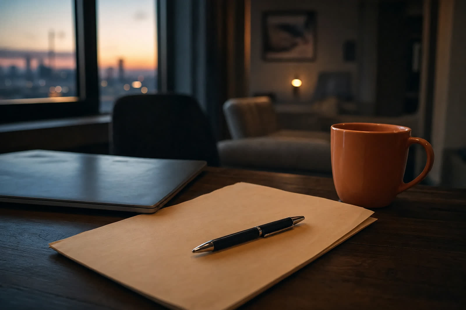 Illustrative scene, not a product screenshot: a pen resting on a face-down contract beside a closed laptop and a coffee mug